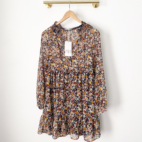 NWT Zara Multicolor Floral Long Sleeve Mini Dress - Picture 3 of 12